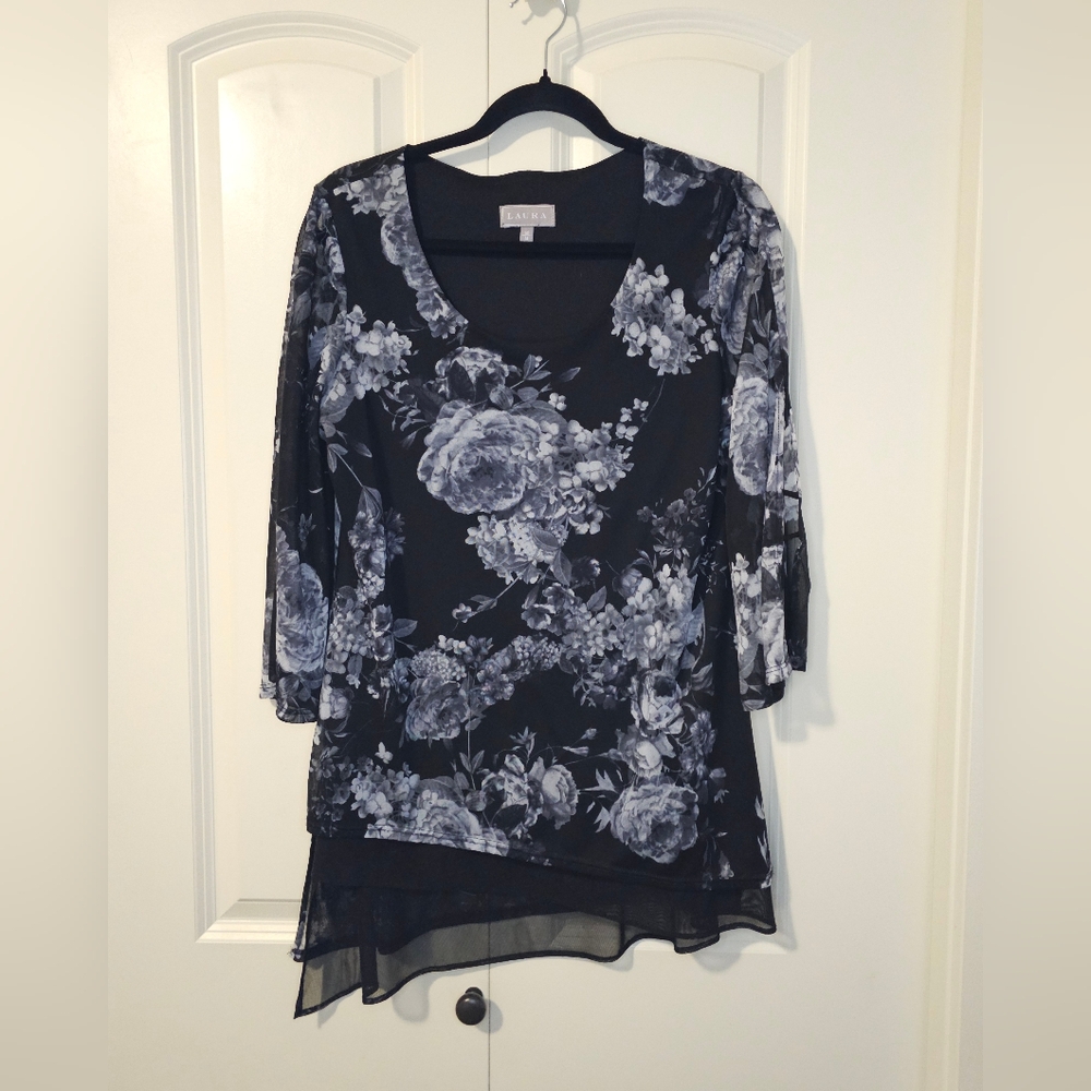 LAURA Blouse Floral Black and Grey 3/4 Sleeve SZ M
